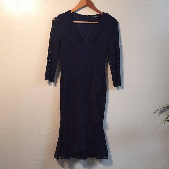 Lulu’s Navy Lace Ruffle Midi Dress - Picture 2 of 12